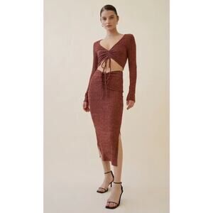 Beige Botany Rust Copper 2-Piece Ribbed Knit Skirt + Long Sleeve V Neck Top M